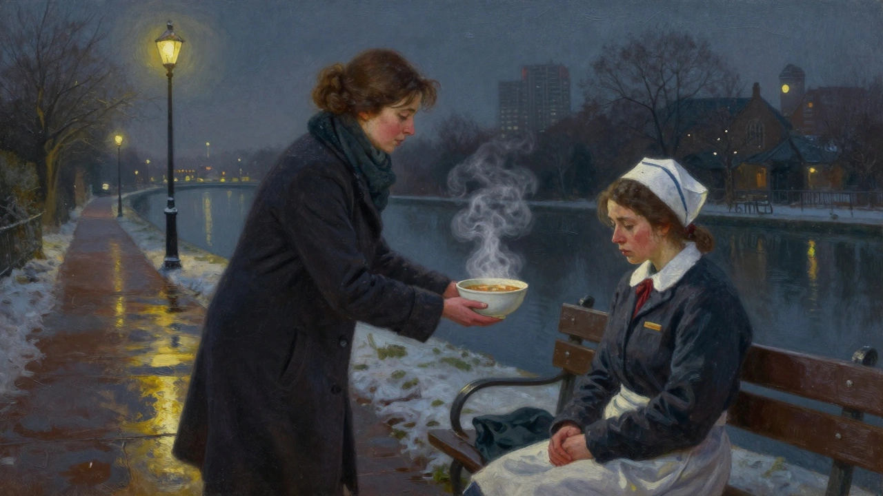A nurse receives warm soup from a woman on a canal bench during a cold winter night.