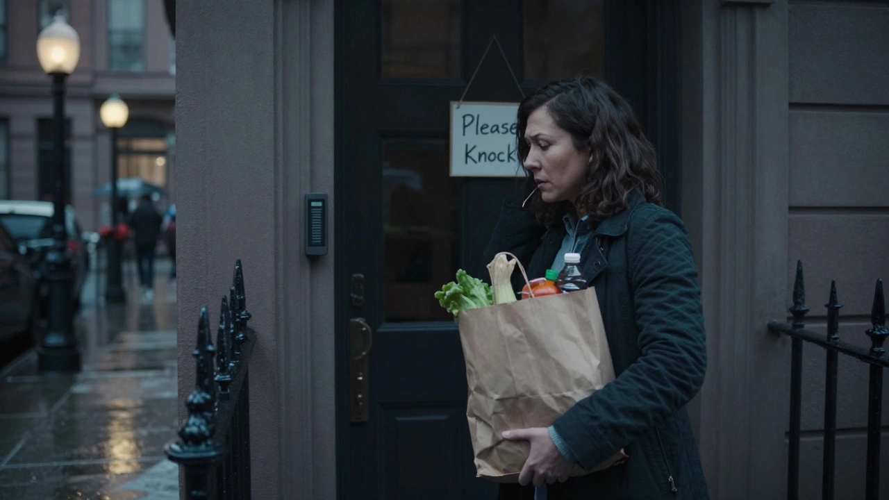 A person hesitates outside a discreet London home in the rain, holding groceries, looking toward the door under a streetlamp.