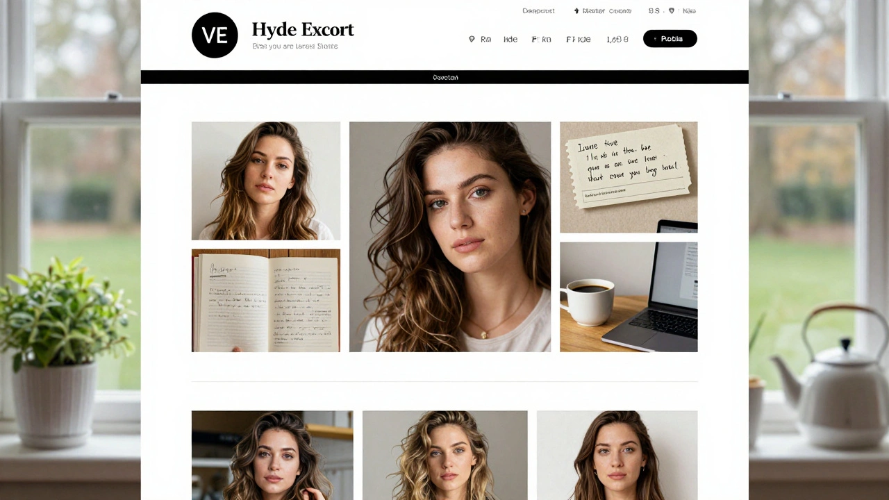 A personal escort profile with natural photos, books, and everyday objects suggesting authenticity and depth.