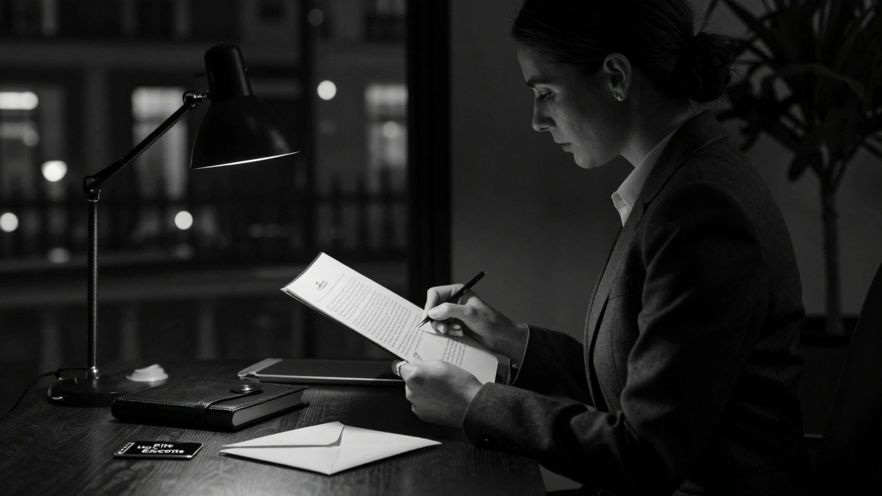 A professional in a sleek suit reviews a confidential client file in a dimly lit Mayfair office, surrounded by quiet luxury.