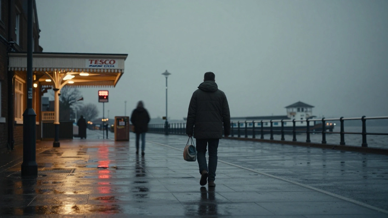 A solitary figure walks away from a supermarket at dusk near Barking Riverside Pier, city lights reflecting on wet pavement.
