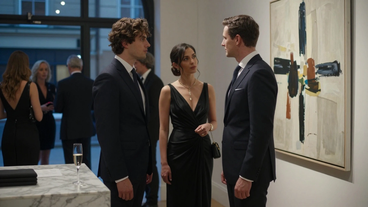 A sophisticated couple at a Mayfair gallery opening, quietly admiring art together in elegant evening attire.