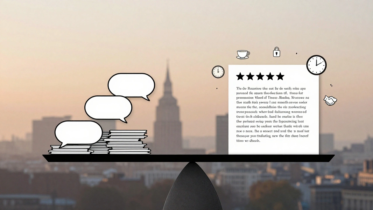 A symbolic scale contrasting vague ratings with a detailed review, surrounded by icons of trust and care.