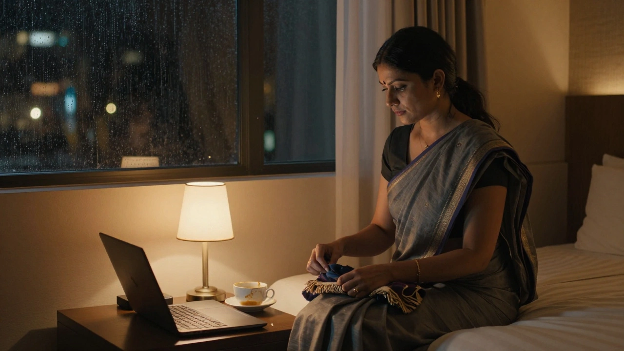 A woman in a sari sits on a hotel bed, folding a scarf, with a teacup and laptop nearby in soft nighttime light.