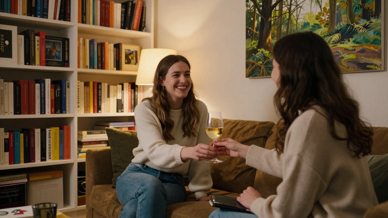 A woman offers wine to a guest in a cozy, book-filled living room, warm lamplight illuminating their quiet conversation.