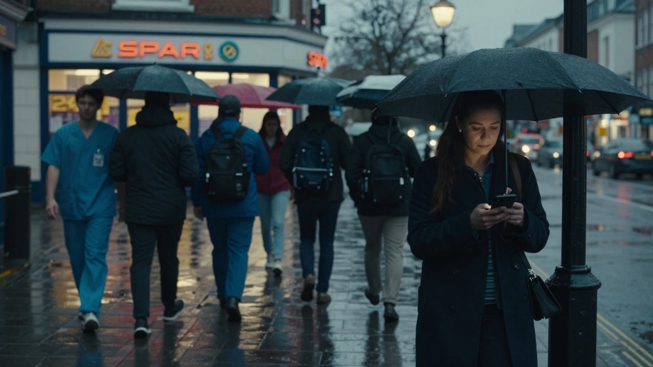 A woman pausing near a rainy train station lamppost, surrounded by pedestrians under umbrellas.