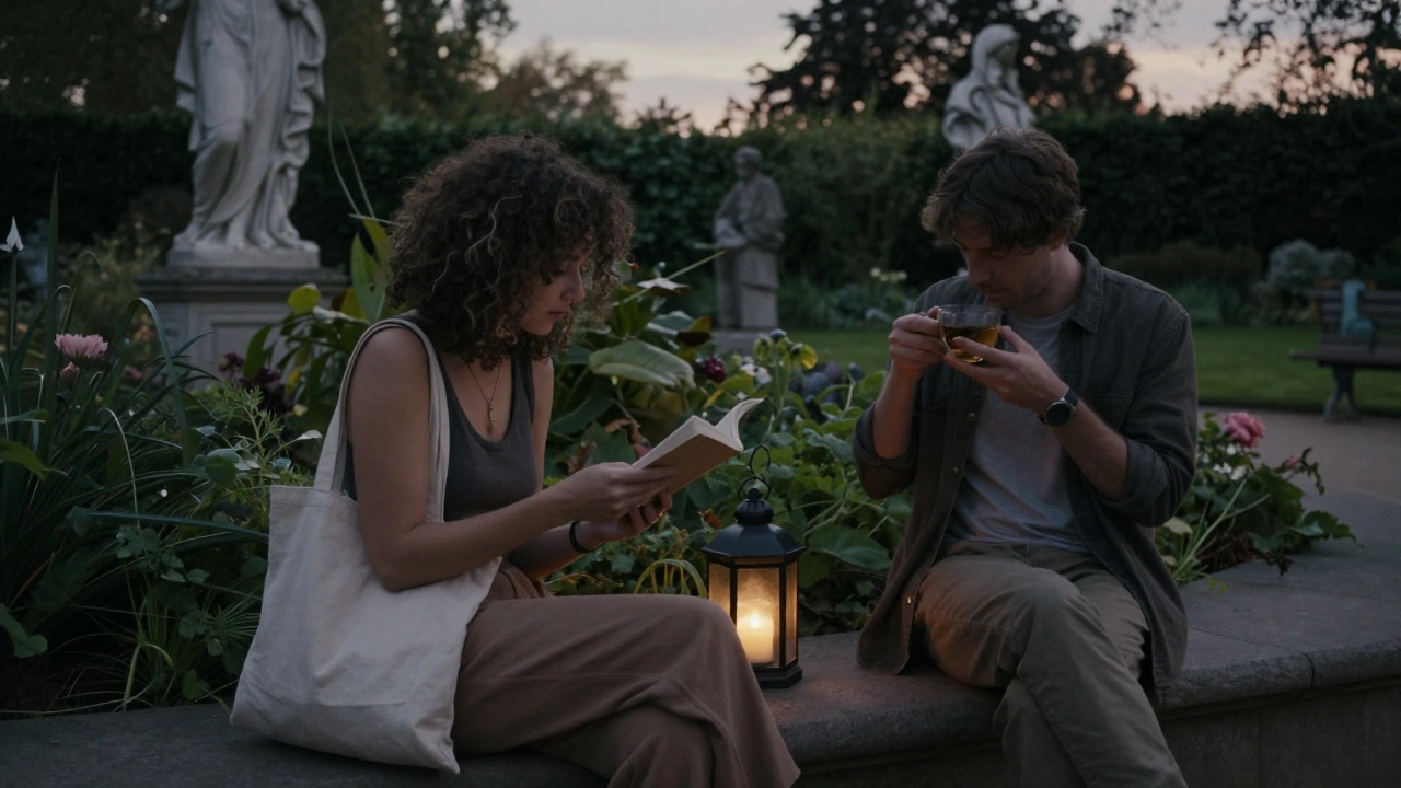 A woman reads poetry on a garden bench at the Horniman Museum, a man sits quietly beside her at dusk.