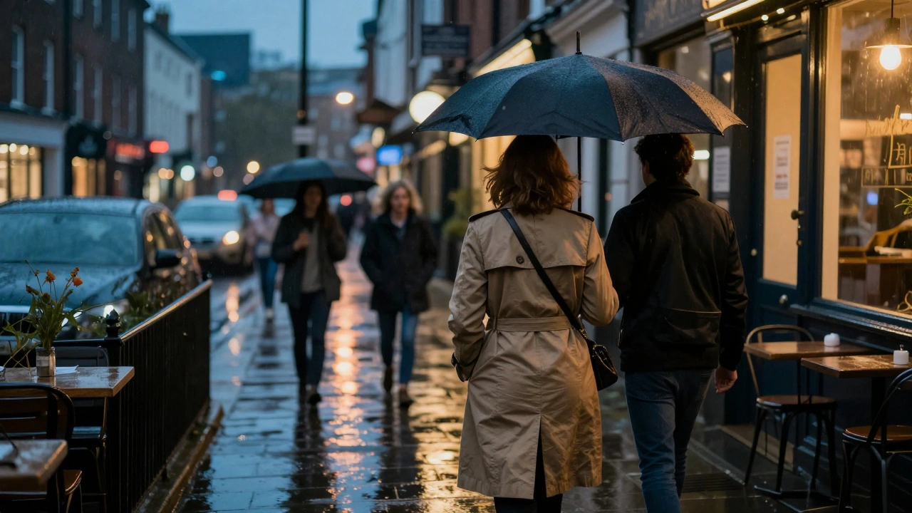 A woman walks away from a café in Fulham at dusk, rain-slicked street, quiet human connection.