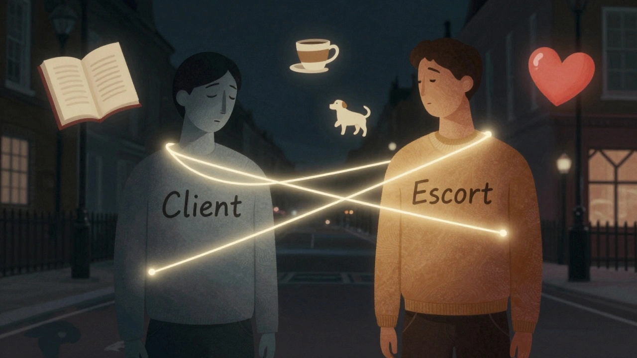 Abstract figures connected by light, symbolizing emotional connection with symbols of authenticity like a book, coffee, and a dog.