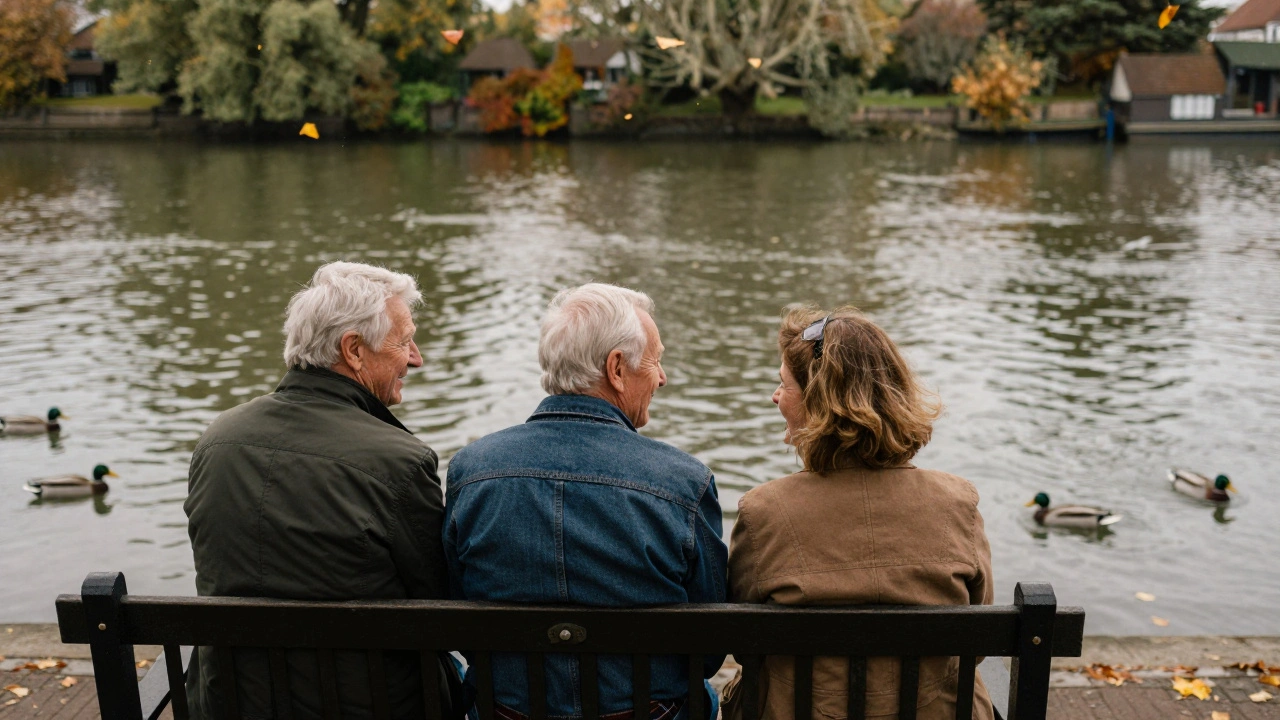 An elderly man and woman sharing a peaceful moment on a Thames bench in Brentford, watching ducks.