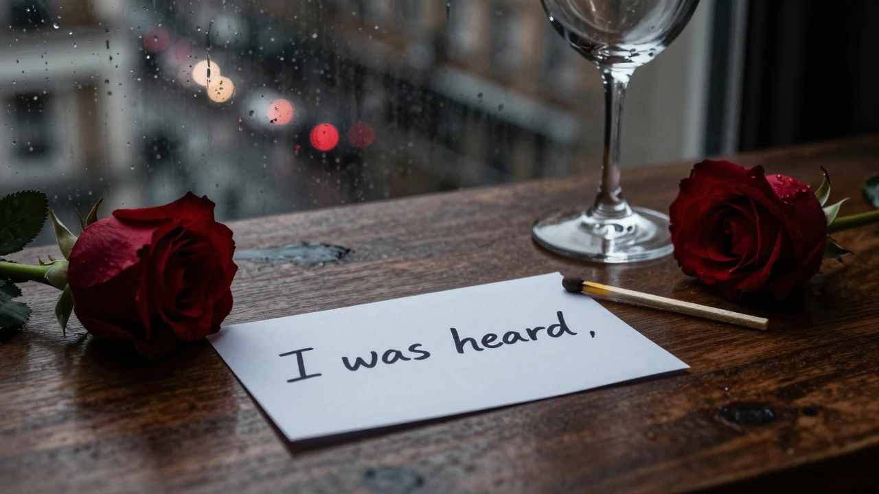 An empty table with a note and wine glass, symbolizing emotional connection in London's escort scene.