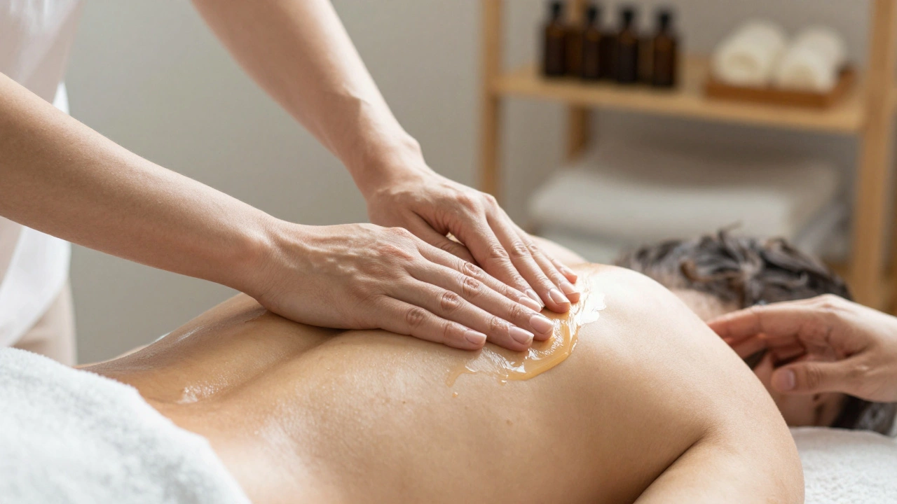 Close-up of warm oil gliding over skin during a therapeutic massage, hands in motion.
