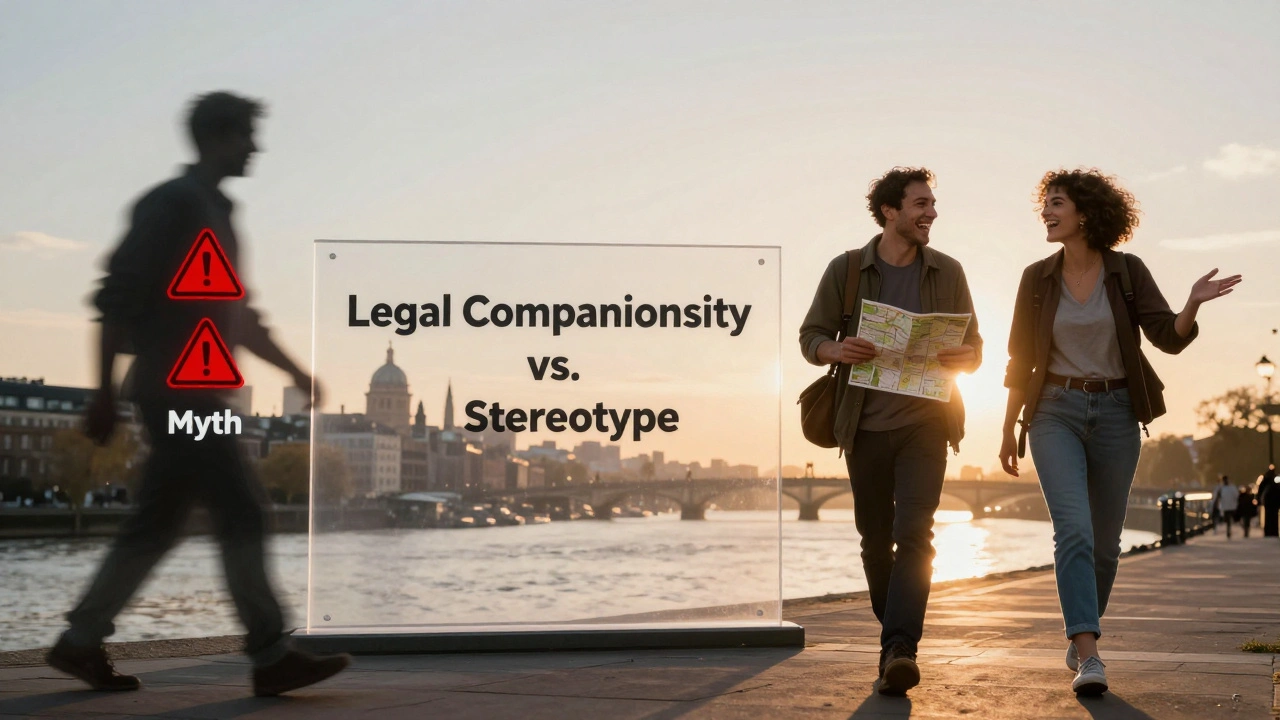 Contrasting imagery of myth versus reality: shadowy stereotypes vs. genuine human connection by the Thames.