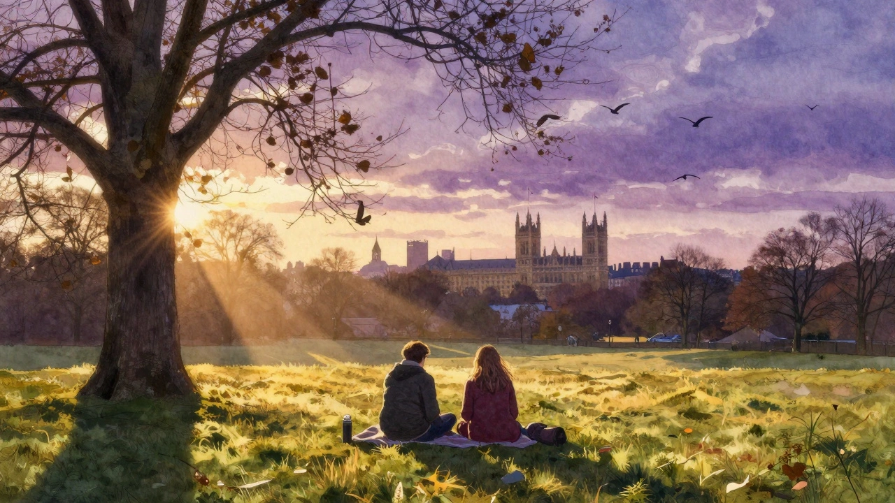 Couple sitting on grass at Hampstead Heath at sunset, thermos and blanket nearby, golden light filtering through trees.