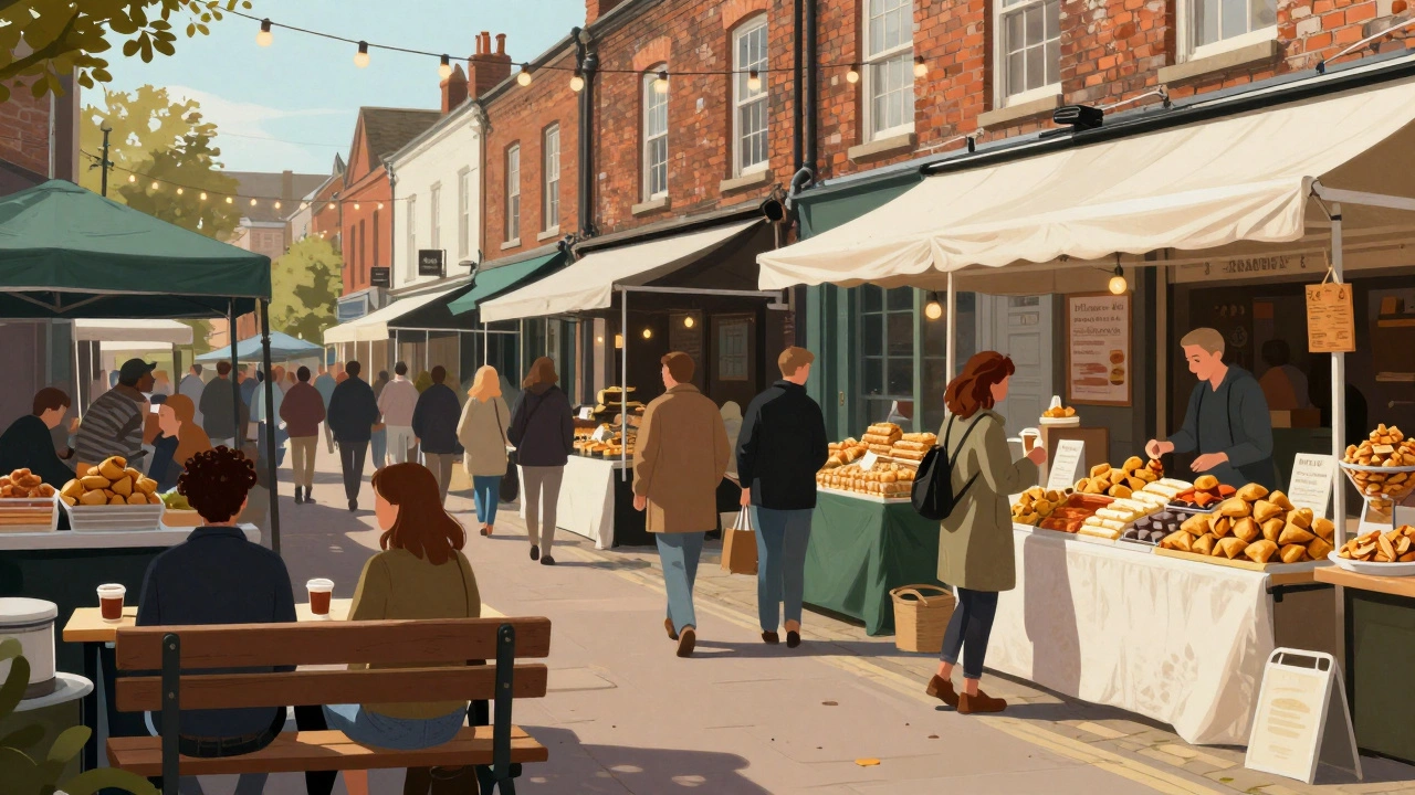 Diverse crowd enjoying food and coffee at Tooting Broadway Market.