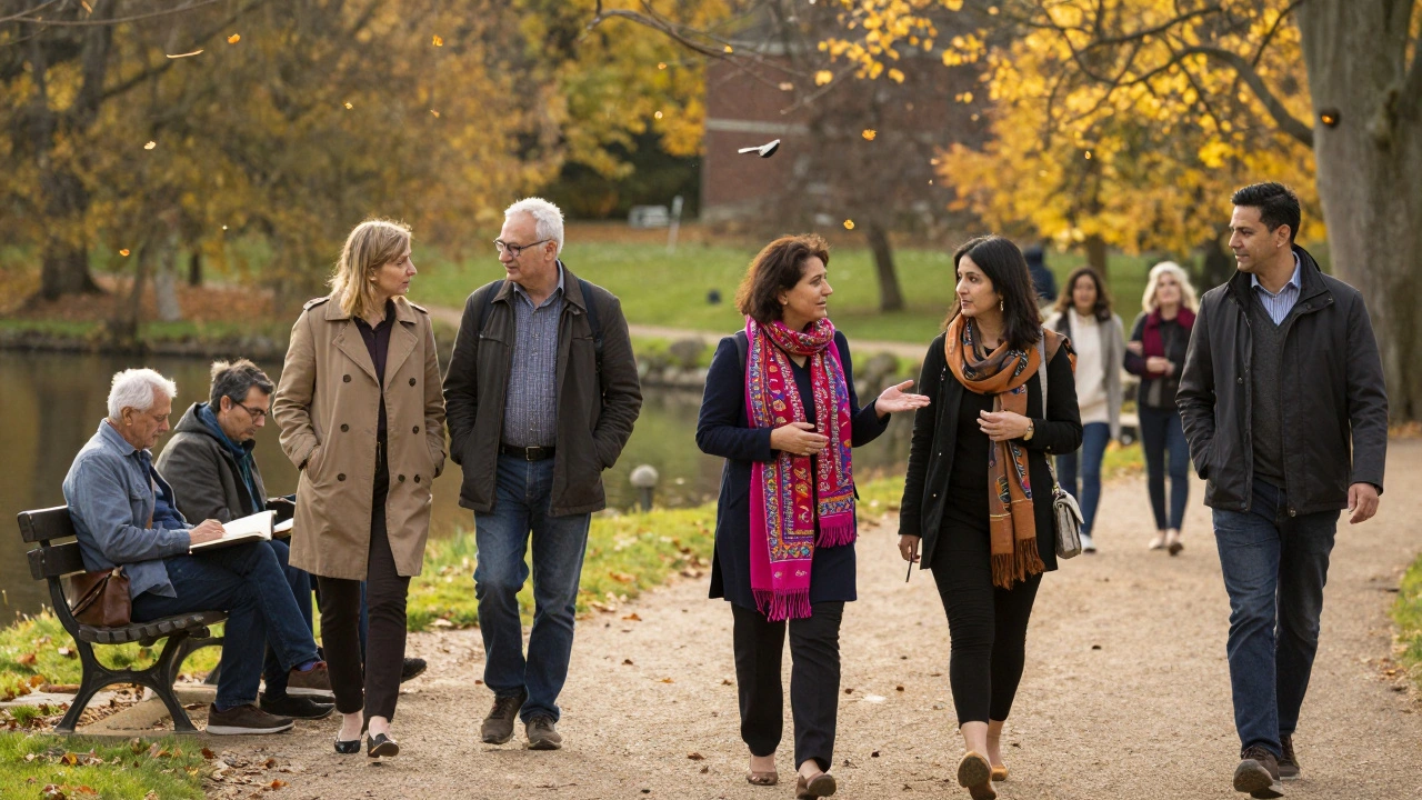Diverse individuals stroll through Harrow Lodge Park on a golden autumn afternoon, enjoying calm companionship.
