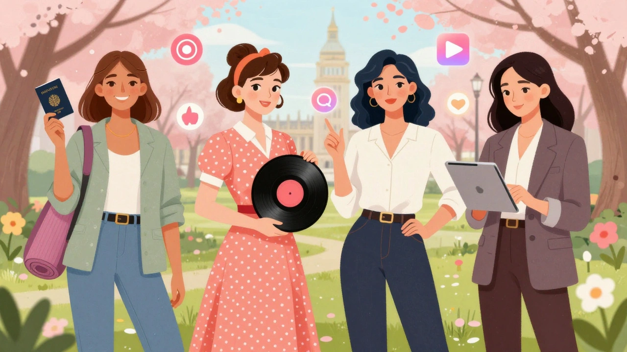 Four stylized female figures representing modern escort archetypes in a surreal London park.