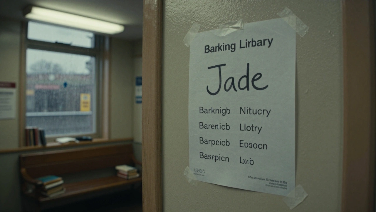 Handwritten flyer for a local contact taped to the wall of Barking Library among community notices.