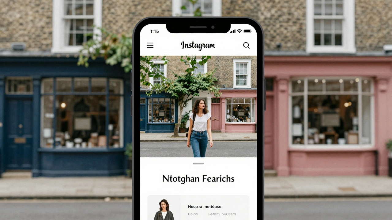 Minimalist website on a phone screen showing authentic photos of a woman in Notting Hill, no text.