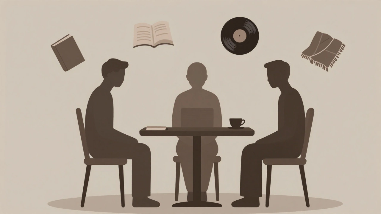 Three abstract figures share silent companionship, surrounded by symbolic objects of connection.