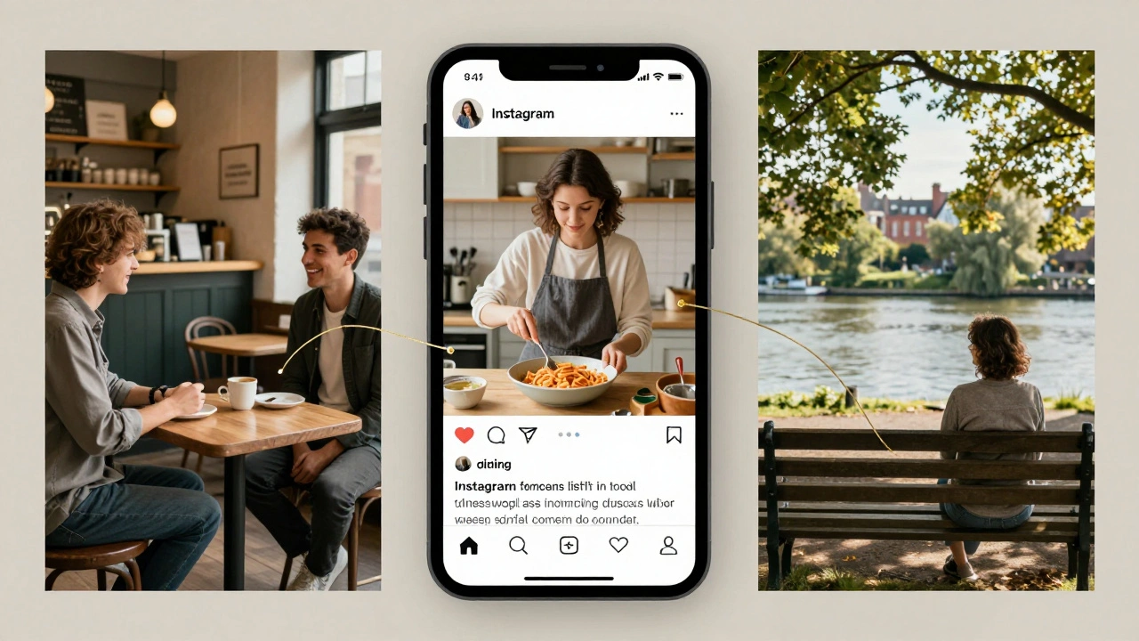 Three connected scenes: coffee meeting, social media post, and quiet park moment in London.
