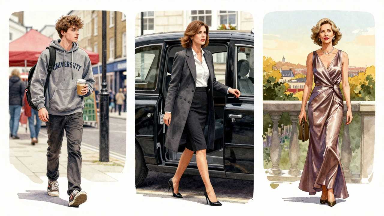 Three women representing student, professional, and mature escort types in distinct London settings.