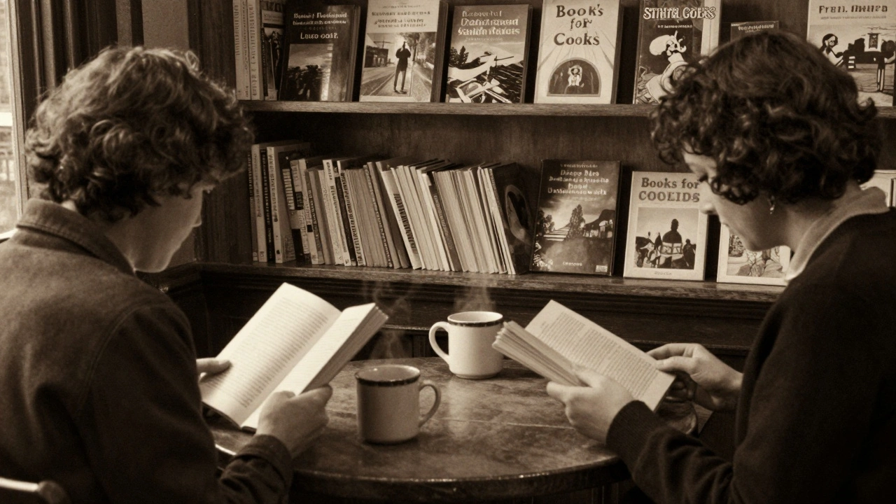 Two people reading aloud together in a cozy bookstore corner surrounded by cookbooks and warm lamplight.