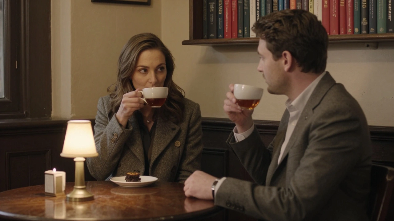 Two people share a quiet tea in a cozy pub corner in Pinner, candlelight casting warm glow on their conversation.