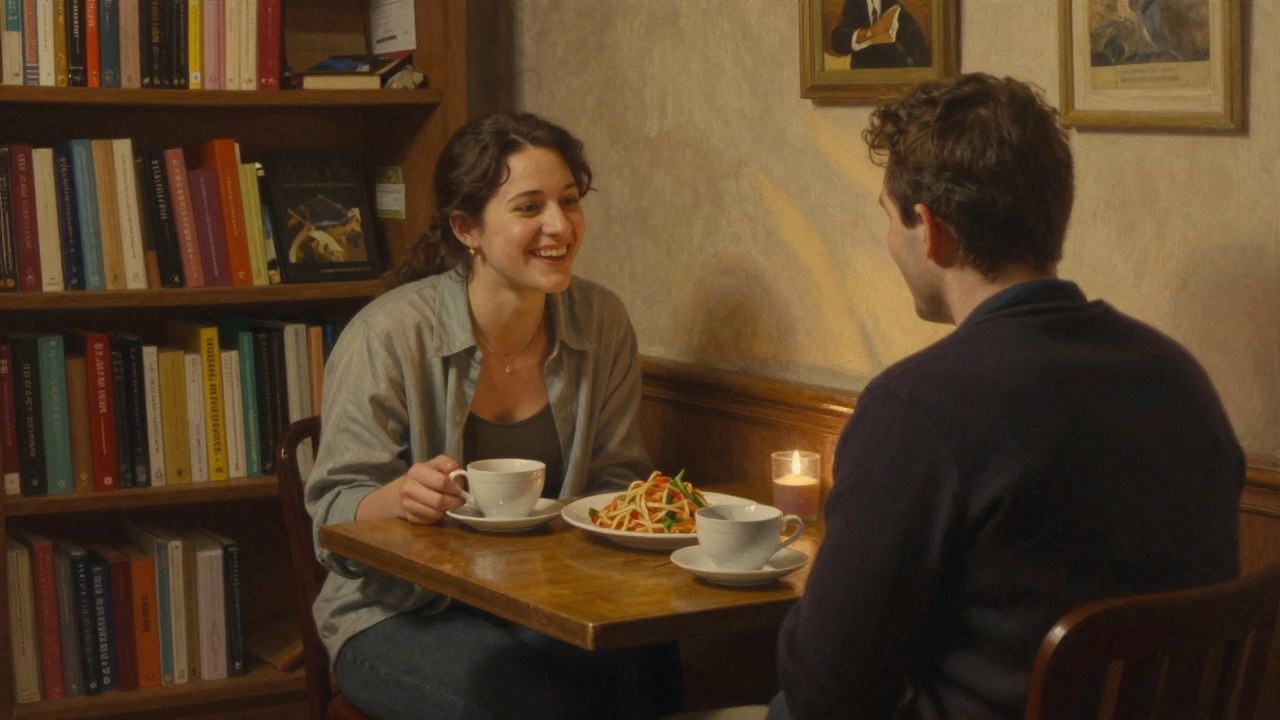 Two people share tea and food in a cozy flat above a bookshop, candlelight glowing softly in the background.