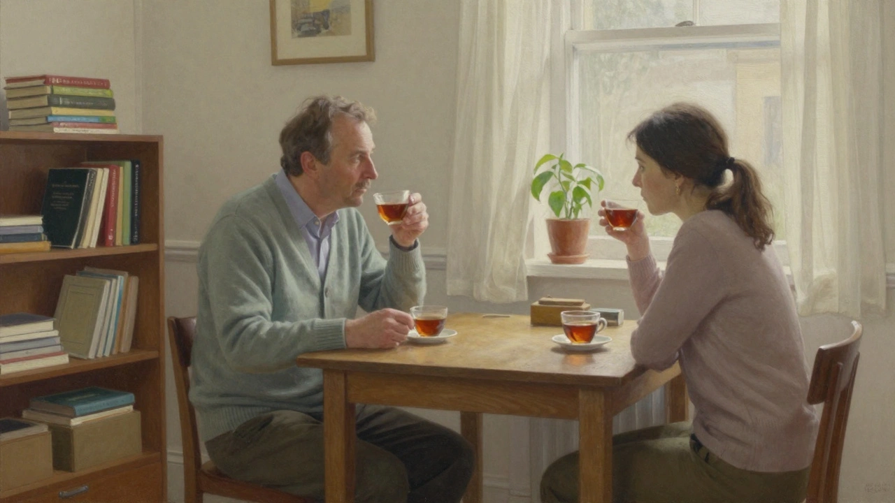 Two people sharing tea at a simple wooden table in a cozy, softly lit living room.