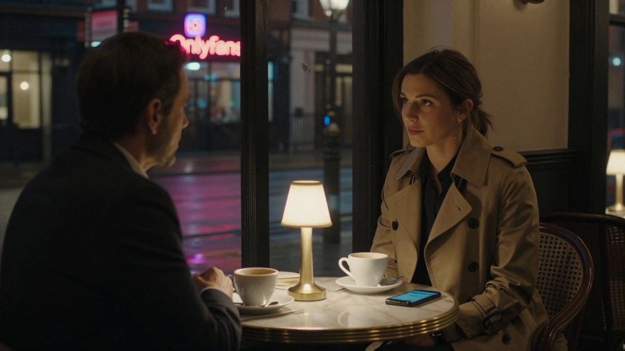 Woman and client meeting quietly in a Mayfair hotel lobby, intimate conversation, no physical contact.