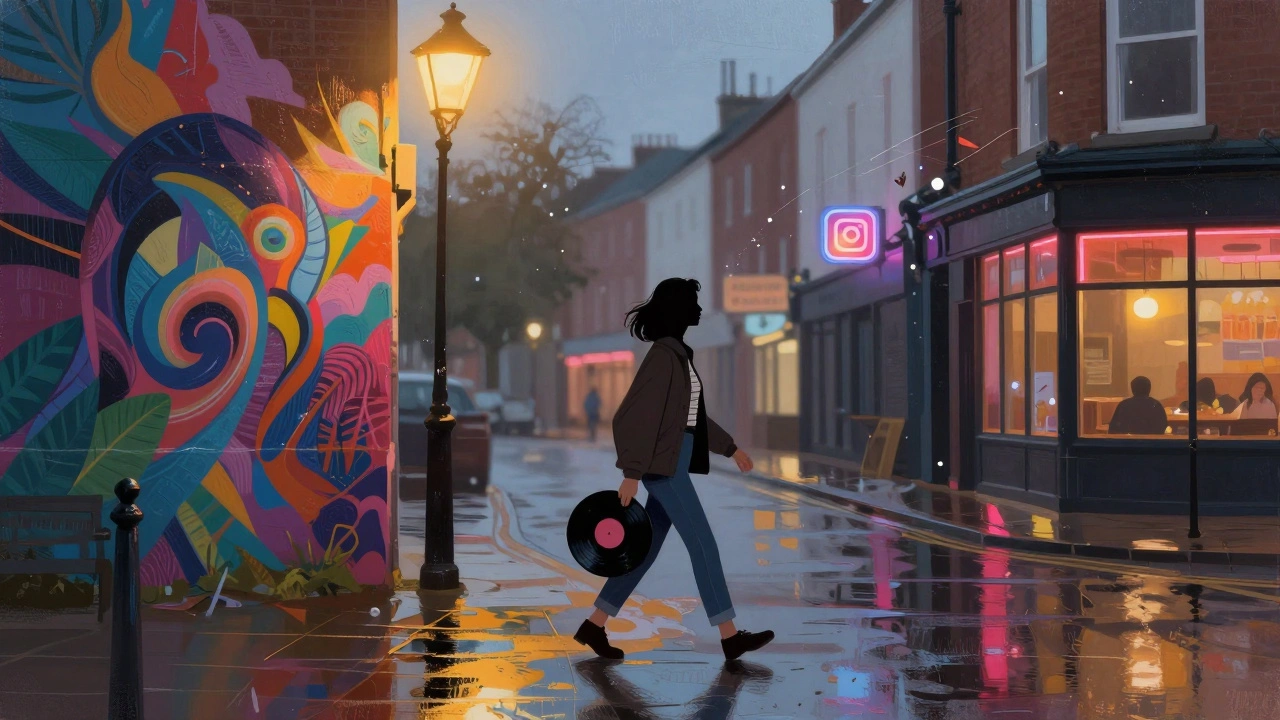 Woman walking through Peckham at dusk carrying a vinyl record under warm streetlights.