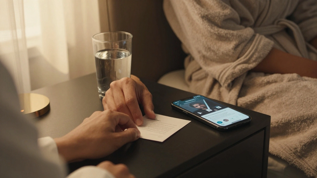 A client's hand placing a written note beside a smartphone showing a verified escort profile.