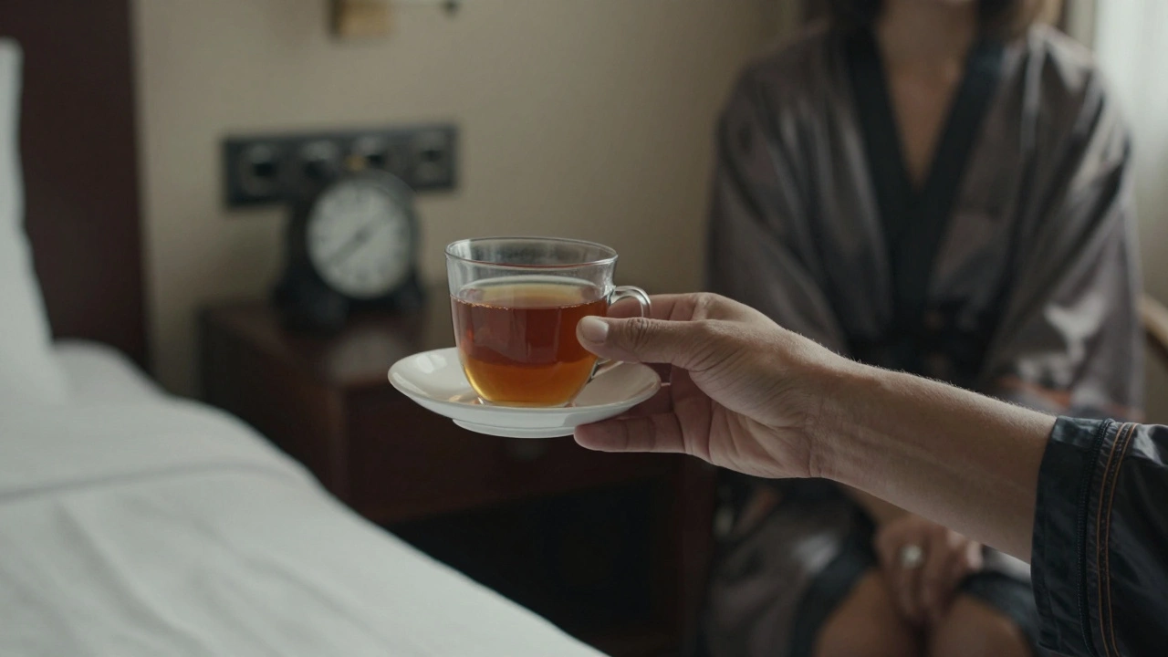 A gentle gesture of offering tea in a hotel room, conveying respect and presence without physical intimacy.