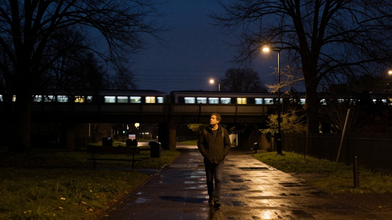 A lone commuter walks under a bridge at night in Feltham, surrounded by soft streetlights.