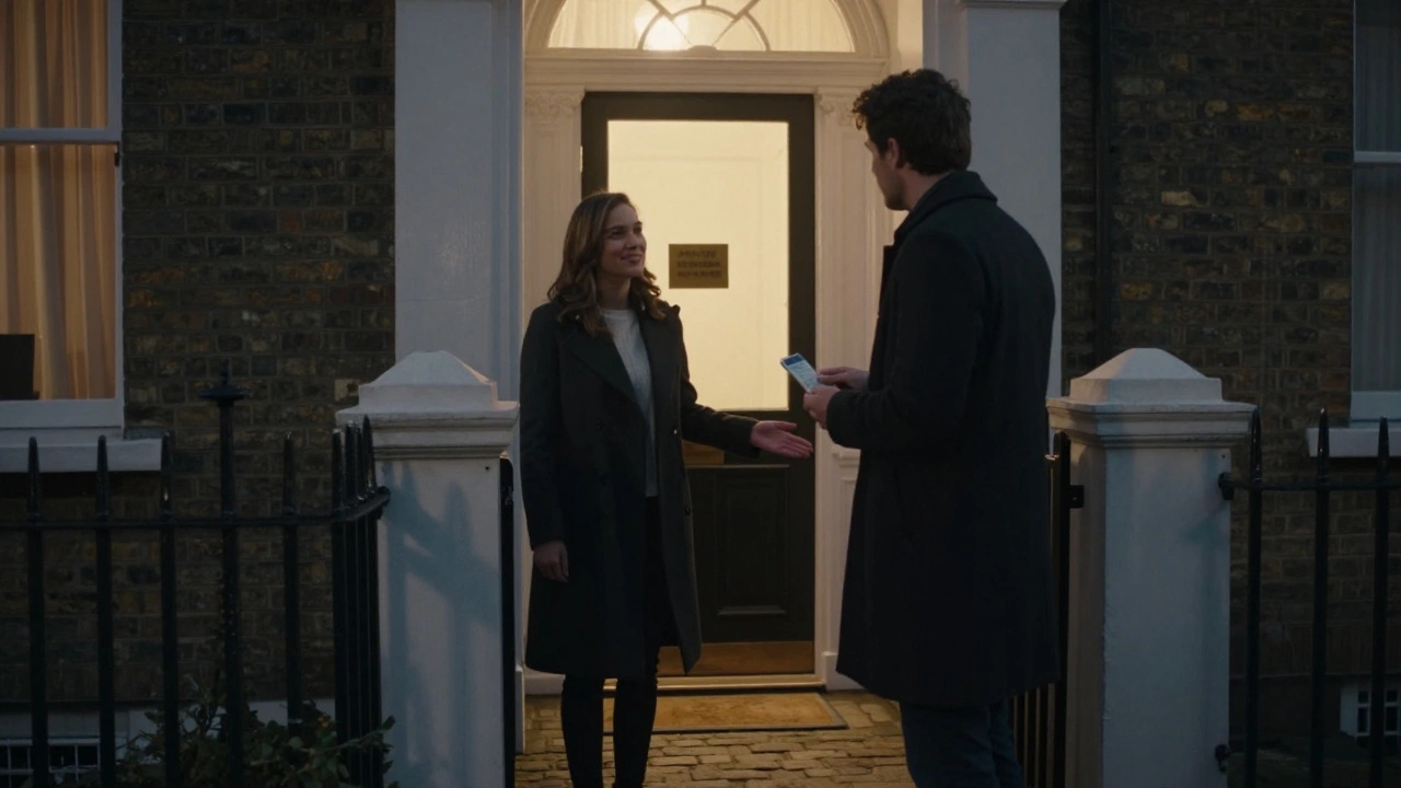 A man at a London flat's entrance, presenting ID as a woman welcomes him warmly at the doorway under soft evening light.