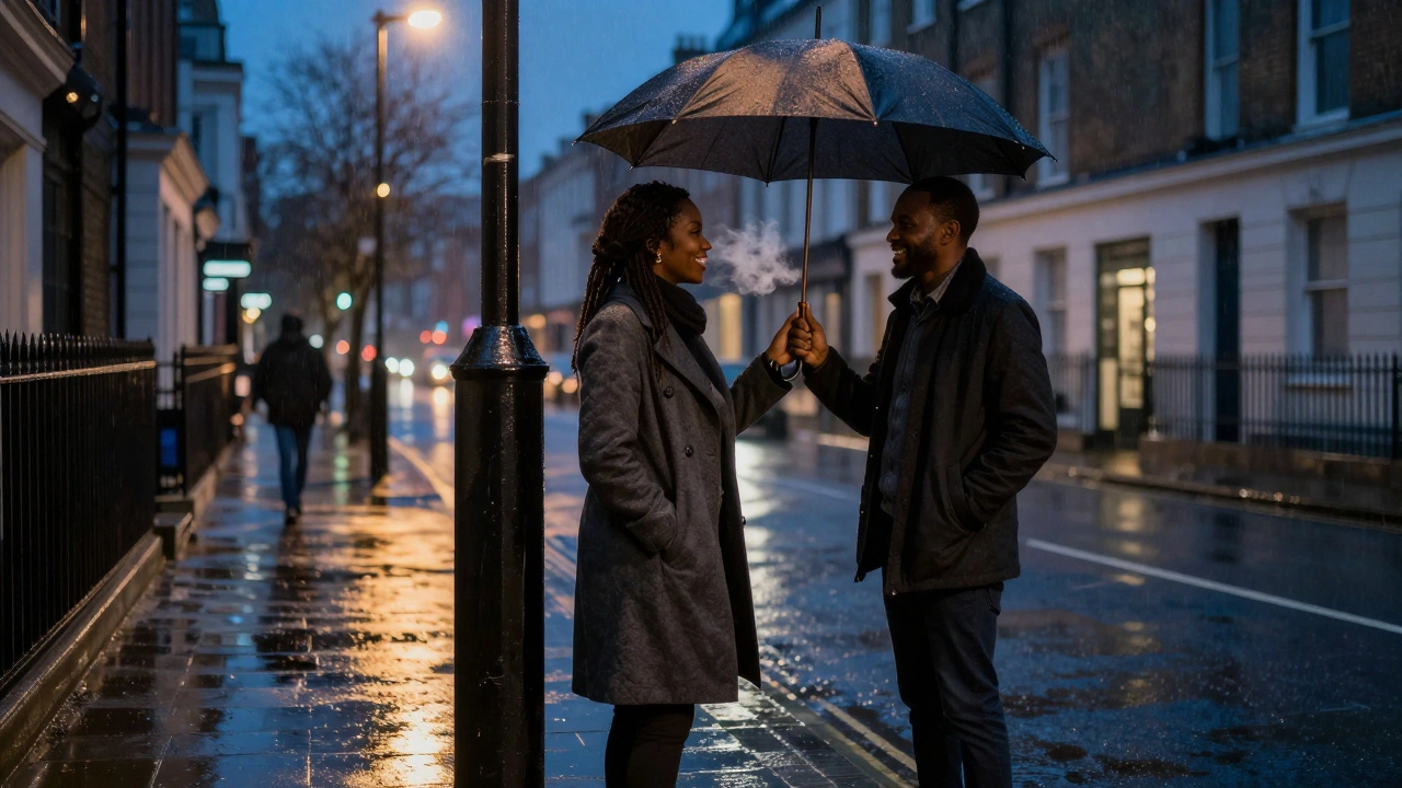 A Nigerian escort and client share a quiet moment under a London streetlamp in the rain.