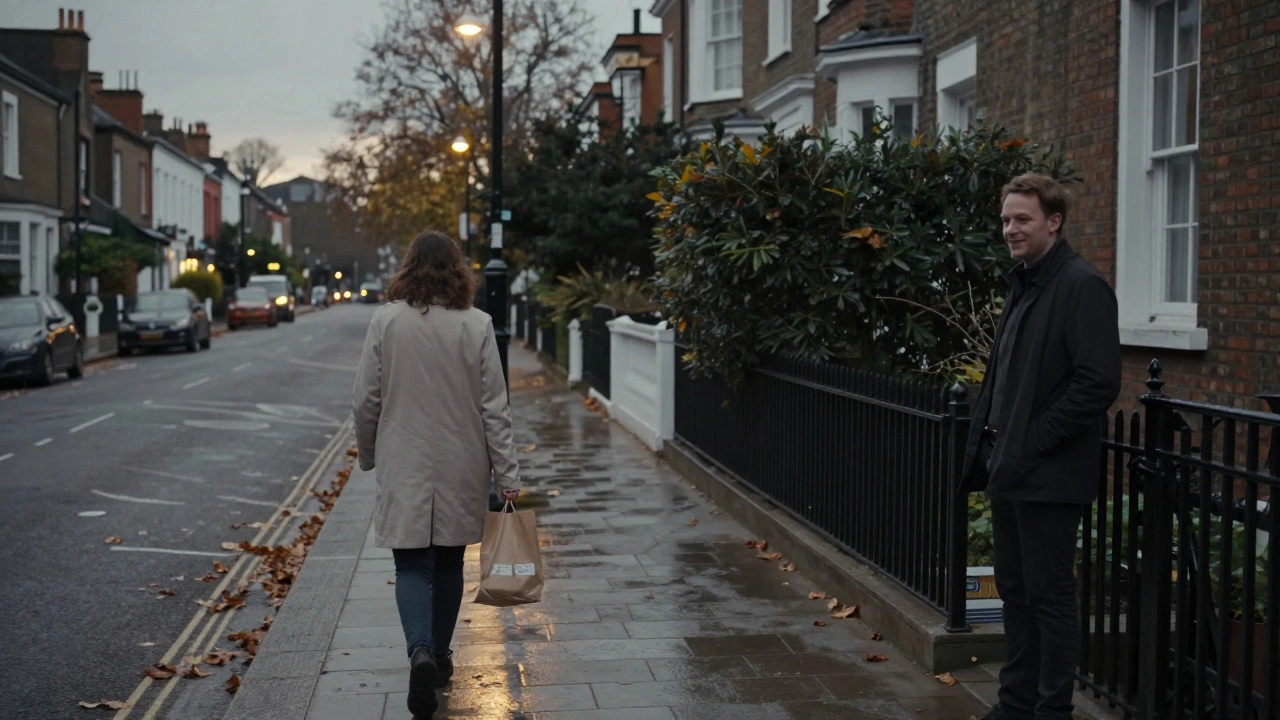 A person walks under streetlamps in Ealing at dusk, another waits gently at a garden gate, evoking quiet, respectful connection.