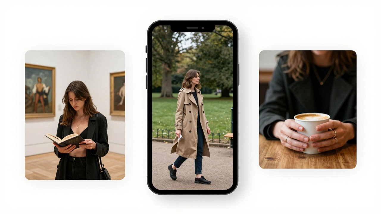 A smartphone screen showing a minimalist social media profile with three authentic photos: reading in an art gallery, walking in Hyde Park, and holding a coffee cup.