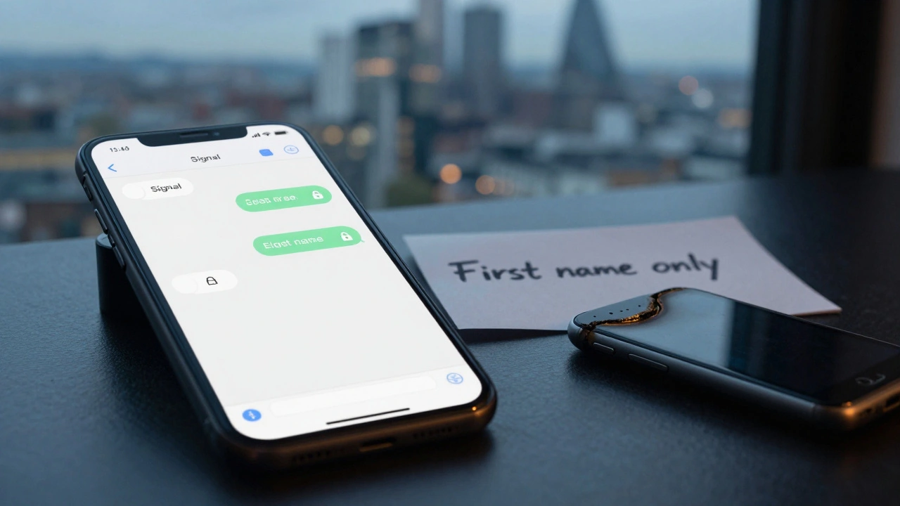 A smartphone showing encrypted Signal messages beside a burner phone on a hotel desk.