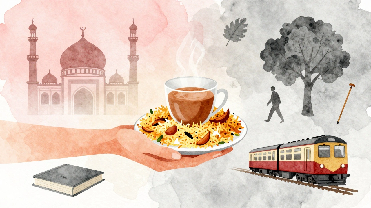 A symbolic watercolor composition of chai, biryani, and local Harrow landmarks representing cultural respect and connection.