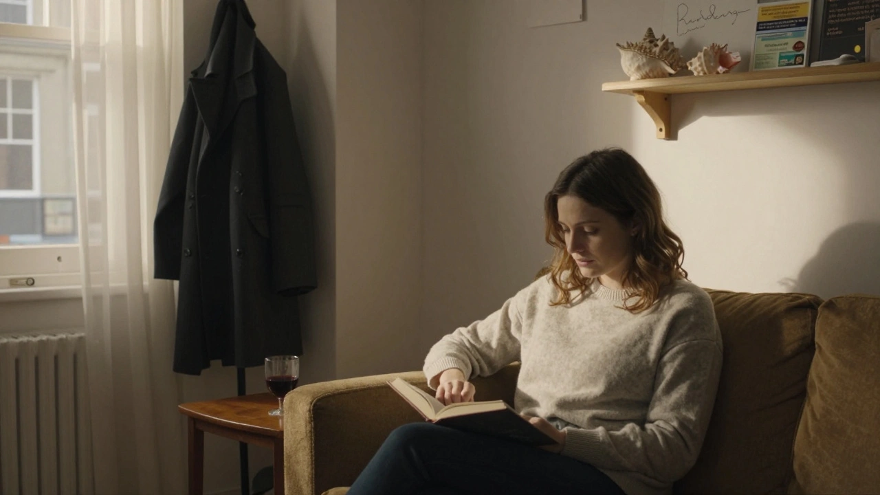 A woman relaxes in a simple apartment above a shop, a glass of wine and a book beside her, soft afternoon light streaming in.