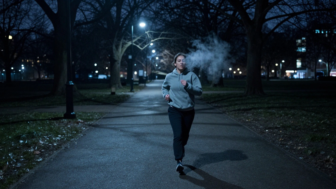 A woman running at night in Regent’s Park under streetlights, breath visible in the cold air.