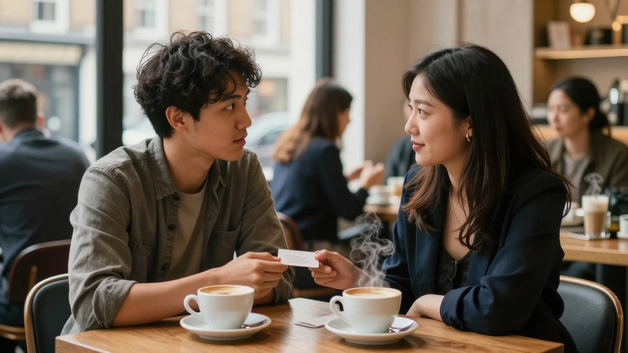 Client and independent escort talking in a London café