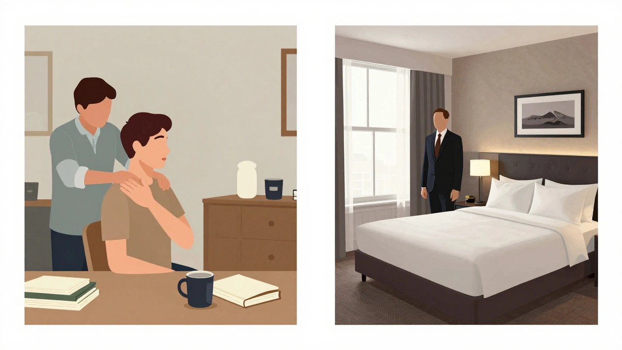 Contrasting scenes: a warm, personal apartment interaction versus a formal hotel setting, highlighting authentic vs. polished escort experiences.