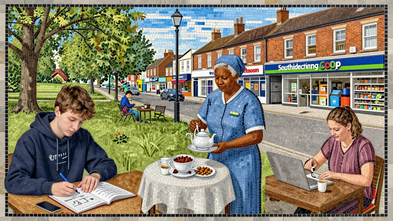 Diverse Tooting residents—including a student, midwife, and mother—shown in authentic daily settings.