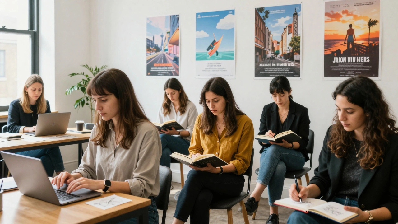 Four confident women in a bright London workspace, each engaged in quiet, independent activities—reading, writing, sketching, typing.