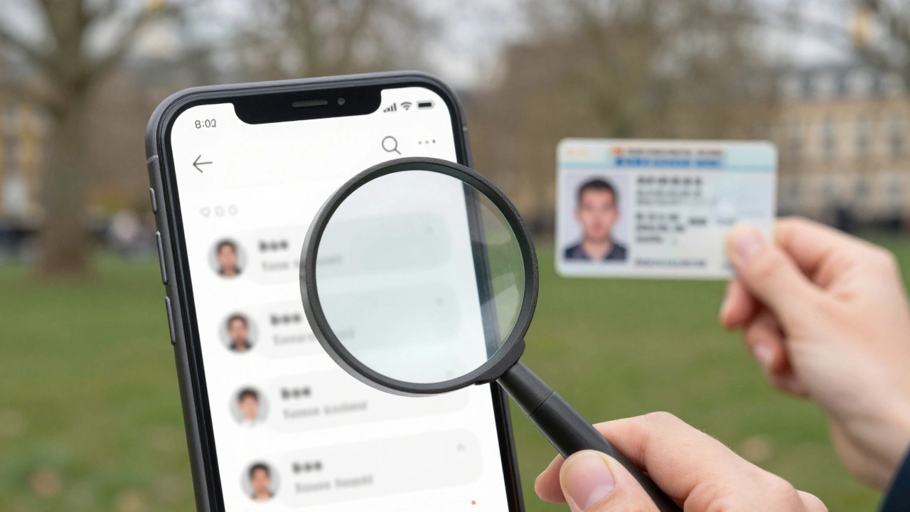 Person verifying ID and checking reviews in London park.