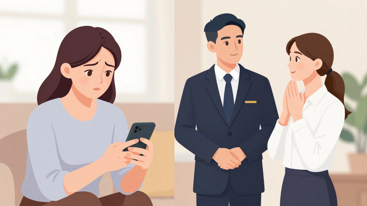 Split image showing a client preparing a message and later sharing a quiet, positive moment with an escort.