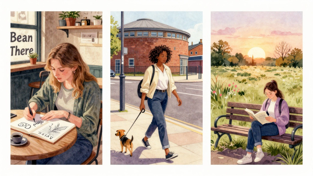 Three diverse women from Dagenham in everyday moments: sketching, walking a dog, and reading by the reedbeds.